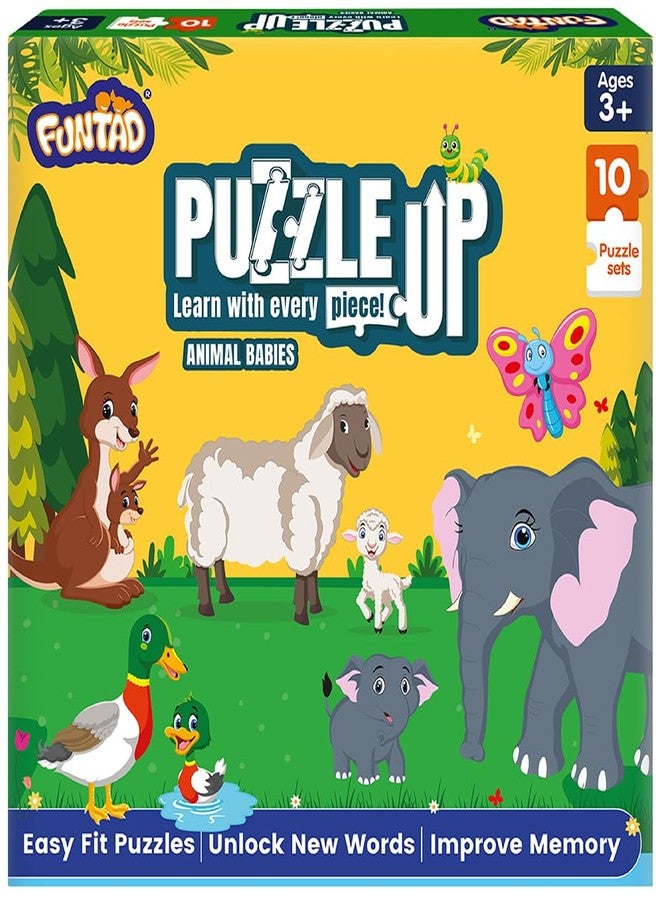 Funtad PuzzleUp Learn Animal Babies | 10-in-1 Entry Level Puzzle | 45 Big Size Jigsaw Pieces | Montessori Educational Toy to Improve Memory & Unlock New Words |Gift for Boys & Girls Age 3, 4 & 5 yrs - Image 1